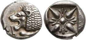 IONIA. Miletos. Late 6th-early 5th century BC. Diobol (Silver, 10 mm, 1.19 g). Forepart of a lion to right, head turned to left. Rev. Stellate design ...