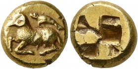 IONIA. Phokaia. Circa 625/0-522 BC. Hekte (Electrum, 9 mm, 2.55 g). Ram recumbent to left; above, seal swimming left. Rev. Quadripartite incuse square...