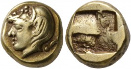 IONIA. Phokaia. Circa 478-387 BC. Hekte (Electrum, 10 mm, 2.51 g). Head of a young male to left, wearing Silenos mask on top of his head; to right, sm...