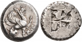 IONIA. Teos. Circa 510/05-495/90 BC. Stater (Silver, 21 mm, 11.98 g). Griffin, with open jaws and two curved tendrils falling down his neck, seated to...