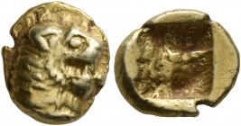 IONIA. Uncertain. Circa 600-550 BC. Hemihekte – 1/12 Stater (Electrum, 9 mm, 1.28 g), Phokaic standard. Head of a roaring lion to right. Rev. Quadripa...