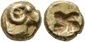 IONIA. Uncertain. Circa 600-550 BC. Myshemihekte – 1/24 Stater (Electrum, 6 mm, 0.62 g), Phokaic standard. Head of a ram to right. Rev. Rough incuse s...