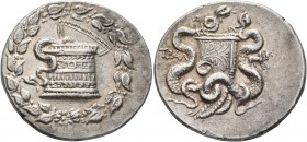 LYDIA. Tralleis. Circa 166-67 BC. Cistophorus (Silver, 30 mm, 12.67 g, 12 h), circa 166-160. Cista mystica from which snake coils; all within Dionysia...