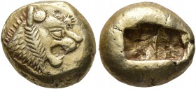 KINGS OF LYDIA. Alyattes II to Kroisos, circa 610-546 BC. Trite (Electrum, 12 mm, 4.71 g), Sardes. Head of a lion with sun and rays on its forehead to...