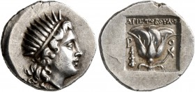ISLANDS OFF CARIA, Rhodos. Rhodes. Circa 188-170 BC. Drachm (Silver, 17 mm, 3.08 g, 12 h), Aristoboulos, magistrate. Radiate head of Helios to right. ...