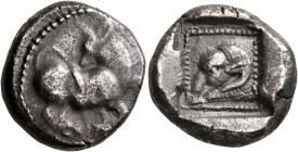 DYNASTS OF LYCIA. Uncertain dynast, circa 480-460 BC. Stater (Silver, 20 mm, 9.15 g, 12 h). Bull kneeling to right, head turned to left. Rev. Head of ...