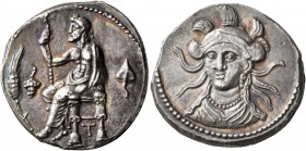 CILICIA. Soloi. Balakros, satrap of Cilicia, 333-323 BC. Stater (Silver, 22 mm, 10.93 g, 3 h). Baaltars seated left on backless throne, holding lotus-...