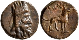 KINGS OF ARMENIA. Artaxias I, 190-160 BC. Hemichalkon (Bronze, 10 mm, 0.79 g, 1 h), first series, with Aramaic legends. Head of Artaxias I to right, b...