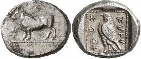 CYPRUS. Paphos. Stasandros, second half of 5th century BC. Stater (Silver, 24 mm, 10.92 g, 12 h). Bull standing left; above, winged solar disk; to lef...