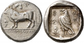 CYPRUS. Paphos. Onasiokos, second half of 5th century BC. Stater (Silver, 22 mm, 11.04 g, 11 h). Bull standing left; above, winged solar disk; to left...