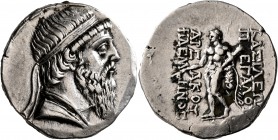 KINGS OF PARTHIA. Mithradates I, 165-132 BC. Tetradrachm (Silver, 27 mm, 16.20 g, 1 h), Seleukeia on the Tigris, circa 141. Diademed and draped bust o...