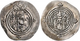 SASANIAN KINGS. Boran, 630-631. Drachm (Silver, 34 mm, 4.18 g, 4 h), Weh-az-Amid-Kavad mint, RY 1 = 630. Bust of Queen Boran to right, wearing crown w...