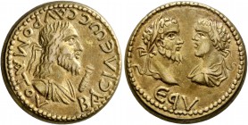 KINGS OF BOSPORUS. Sauromates II, with Septimius Severus and Caracalla. Stater (Electrum, 18 mm, 7.68 g, 12 h), BE 495 = 198/9. BACIΛЄωC CAYPOMATOY Di...