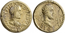 KINGS OF BOSPORUS. Rhescuporis II, with Caracalla, 211/2-226/7. Stater (Electrum, 18 mm, 7.81 g, 12 h), BE 512 = 215/6. BACIΛЄωC ΡHCKOΥΠOΡIΔOC Diademe...