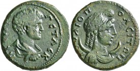 BITHYNIA. Juliopolis. Geta, as Caesar, 198-209. Tetrassarion (Orichalcum, 26 mm, 13.38 g, 7 h). Π CЄΠ ΓЄTAC K Bare-headed, draped and cuirassed bust o...