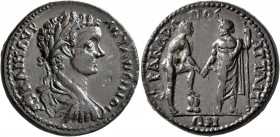 MYSIA. Attaea. Caracalla, 198-217. Tetrassarion (Bronze, 27 mm, 14.45 g, 7 h), Andronos, strategos. AY KAI M AYP ANTONЄINOC Laureate, draped and cuira...