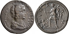 AEOLIS. Cyme. Julia Domna, Augusta, 193-217. Tetrassarion (Orichalcum, 28 mm, 13.24 g, 7 h). IOY ΔOMNA CЄBACTH Draped bust of Julia Domna to right. Re...