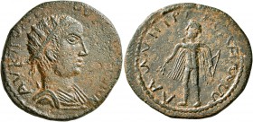 CILICIA. Lamus. Valerian I, 253-260. Tetrassarion (Bronze, 26 mm, 9.28 g, 7 h). AY K ΠO ΛI OYAΛЄPIANOC Radiate and draped bust of Valerian I to right....