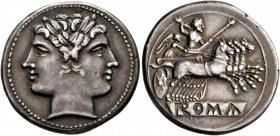 Anonymous, circa 225-214 BC. Quadrigatus - Didrachm (Silver, 23 mm, 6.74 g, 6 h), Rome. Laureate head of Janus. Rev. ROMA (incuse on raised tablet) Ju...