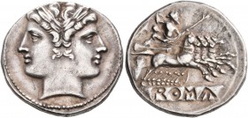 Anonymous, circa 225-214 BC. Quadrigatus - Didrachm (Silver, 21 mm, 5.92 g, 7 h), uncertain mint. Laureate head of Janus. Rev. ROMA (incuse on raised ...