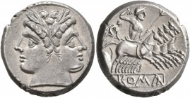 Anonymous, circa 225-214 BC. Quadrigatus - Didrachm (Silver, 19 mm, 6.70 g, 12 h). Laureate head of Janus. Rev. ROMA (in relief within linear frame) J...