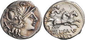 L. Saufeius, 152 BC. Denarius (Silver, 18 mm, 3.87 g, 7 h), Rome. Head of Roma to right, wearing winged helmet; behind, X. Rev. L•SA VF / ROMA Victory...