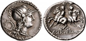 C. Servilius M.f, 136 BC. Denarius (Silver, 20 mm, 4.04 g, 6 h), Rome. ROMA Head of Roma to right, wearing winged helmet, pendant earring and necklace...