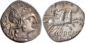 Publius Calpurnius, 133 BC. Denarius (Silver, 19 mm, 3.99 g, 6 h), Rome. Head of Roma to right, wearing winged helmet; behind, a star. Rev. P•CALP / R...