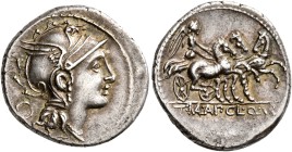 Appius Claudius Pulcher, T. Manlius Mancius and Q. Urbinius, 111-110 BC. Denarius (Silver, 18 mm, 3.97 g, 3 h), Rome. Head of Roma to right, wearing w...
