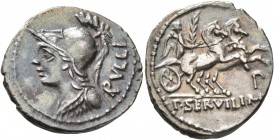 P. Servilius M.f. Rullus, 100 BC. Denarius (Silver, 21 mm, 3.92 g, 2 h), Rome. RVLLI Helmeted bust of Minerva to left, wearing aegis. Rev. P•SERVILI•M...