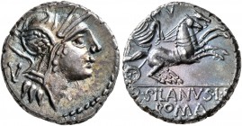 D. Silanus L.f, 91 BC. Denarius (Silver, 17 mm, 3.94 g, 8 h), Rome. Head of Roma to right, wearing winged helmet; behind, V. Rev. D•SILANVS•L•F / ROMA...