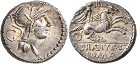 D. Silanus L.f, 91 BC. Denarius (Silver, 18 mm, 3.97 g, 12 h), Rome. Head of Roma to right, wearing winged helmet; behind, G. Rev. D•SILANVS•L•F / ROM...