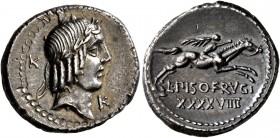 L. Calpurnius Piso Frugi, 90 BC. Denarius (Silver, 18 mm, 4.09 g, 8 h), Rome. Laureate head of Apollo to right; behind K; below chin, K. Rev. L•PISO F...