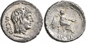 M. Cato, 89 BC. Quinarius (Silver, 14 mm, 1.95 g, 8 h), Rome. M•CATO Head of Liber with long hair to right, wearing wreath of ivy and fruit; below, sc...