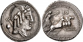 L. Julius Bursio, 85 BC. Denarius (Silver, 20 mm, 4.11 g, 1 h), Rome. Laureate, winged and draped bust of Apollo Vejovis to right; behind, trident and...