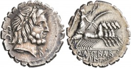 Q. Antonius Balbus, 83-82 BC. Denarius (Silver, 19 mm, 3.72 g, 7 h), Rome. Laureate head of Jupiter to right; behind, S•C; before, B•. Rev. Q•ANTO•B A...