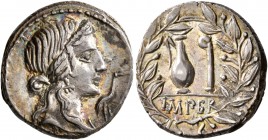 Q. Caecilius Metellus Pius, 81 BC. Denarius (Silver, 18 mm, 3.94 g, 12 h), Rome. Diademed head of Pietas to right; before, stork. Rev. IMPER Jug and l...