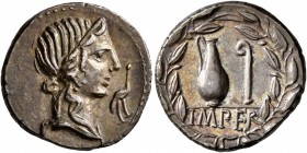 Q. Caecilius Metellus Pius, 81 BC. Denarius (Silver, 18 mm, 3.88 g, 1 h), Rome. Diademed head of Pietas to right; before to right, stork. Rev. IMPER J...