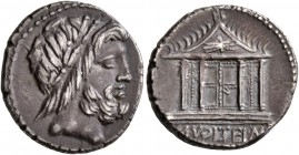 M. Volteius M.f, 78 BC. Denarius (Silver, 17 mm, 3.66 g, 5 h), Rome. Laureate head of Jupiter to right. Rev. M•VOLTEI•M•F Tetrastyle temple of Jupiter...