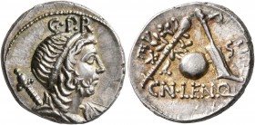 Cn. Cornelius Lentulus, 76-75 BC. Denarius (Silver, 19 mm, 3.87 g, 6 h), uncertain mint in Spain. G•P•R Diademed and draped bust of the Genius Populi ...