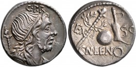 Cn. Cornelius Lentulus, 76-75 BC. Denarius (Silver, 17 mm, 3.85 g, 7 h), uncertain mint in Spain. G•P•R Diademed and draped bust of the Genius Populi ...