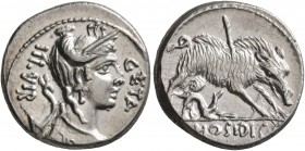 C. Hosidius C.f. Geta, 64 BC. Denarius (Silver, 16 mm, 3.89 g, 6 h), Rome. GETA - III•VIR Diademed and draped bust of Diana to right, with bow and qui...