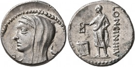 L. Cassius Longinus, 60 BC. Denarius (Silver, 18 mm, 3.92 g, 8 h), Rome. Veiled and diademed head of Vesta to left; below chin, control letter; in fie...
