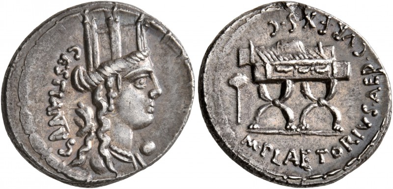 M. Plaetorius M.f. Cestianus, 57 BC. Denarius (Silver, 19 mm, 3.75 g, 7 h), Rome...