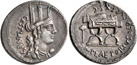 M. Plaetorius M.f. Cestianus, 57 BC. Denarius (Silver, 19 mm, 3.75 g, 7 h), Rome. CESTIANVS Turreted and draped bust of Cybele to right; behind, forep...
