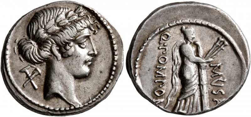 Q. Pomponius Musa, 56 BC. Denarius (Silver, 18 mm, 3.84 g, 1 h), Rome. Laureate ...