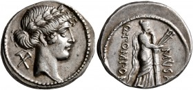 Q. Pomponius Musa, 56 BC. Denarius (Silver, 18 mm, 3.84 g, 1 h), Rome. Laureate head of Apollo to right; behind, two crossed flutes. Rev. Q•POMPONI - ...
