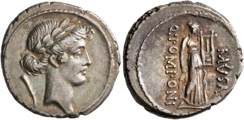 Q. Pomponius Musa, 56 BC. Denarius (Silver, 18 mm, 3.97 g, 7 h), Rome. Laureate ...