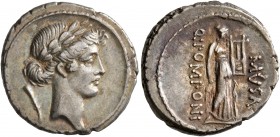 Q. Pomponius Musa, 56 BC. Denarius (Silver, 18 mm, 3.97 g, 7 h), Rome. Laureate head of Apollo to right; behind, flower on stem. Rev. Q•POMPONI - MVSA...