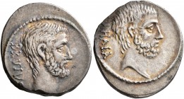 M. Junius Brutus, 54 BC. Denarius (Silver, 20 mm, 3.46 g, 7 h), Rome. BRVTVS Bearded head of L. Junius Brutus to right. Rev. AHALA Bearded head of C. ...